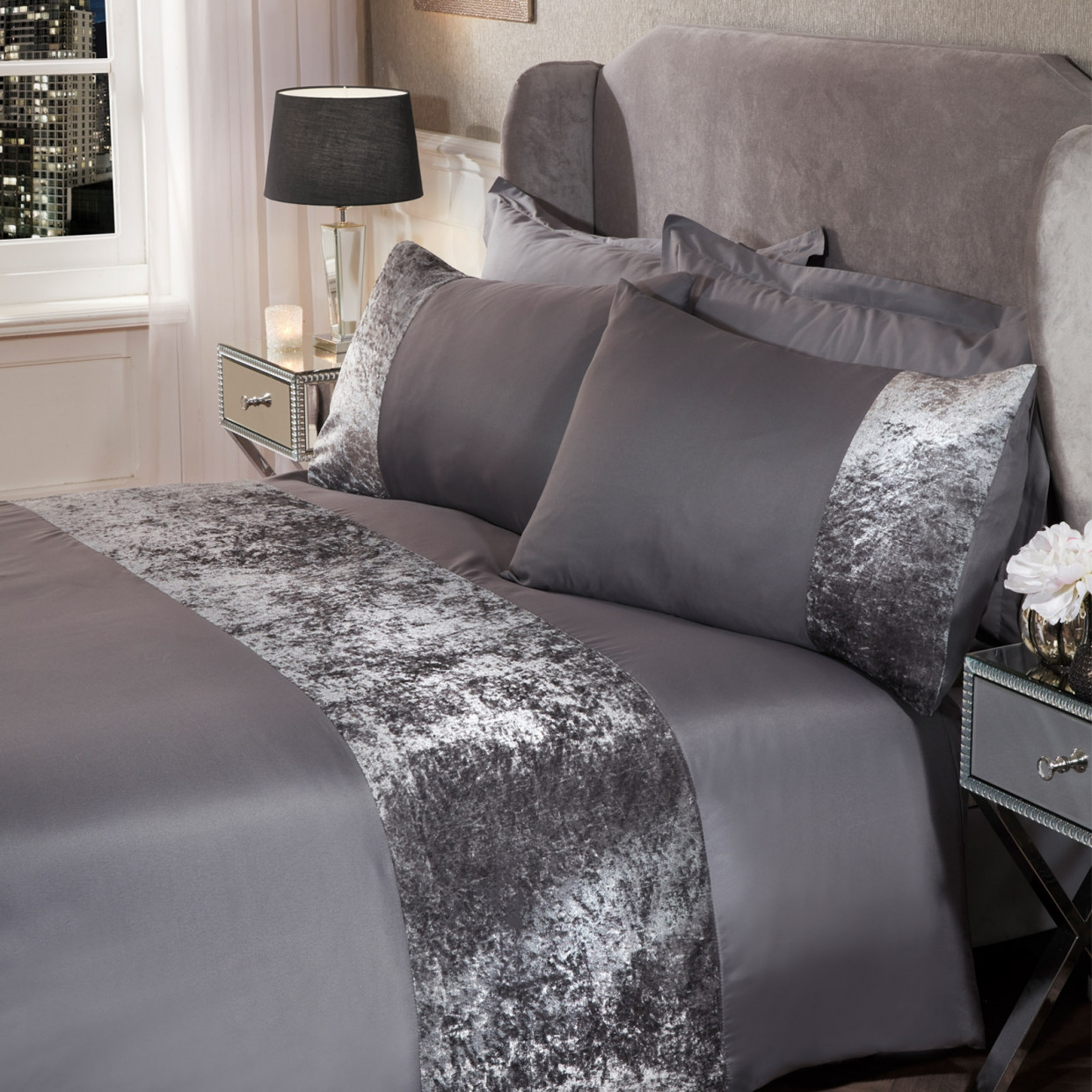 OHS Crushed Velvet Band Duvet Set, Silver Grey - King>