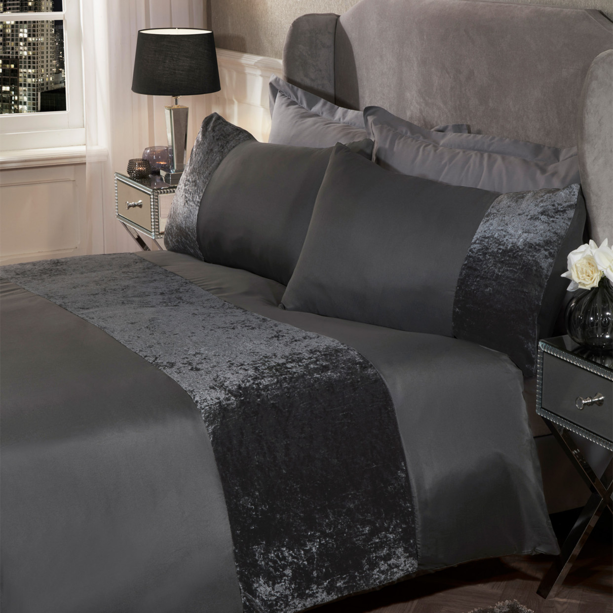 OHS Crushed Velvet Band Duvet Set, Charcoal Grey - King>