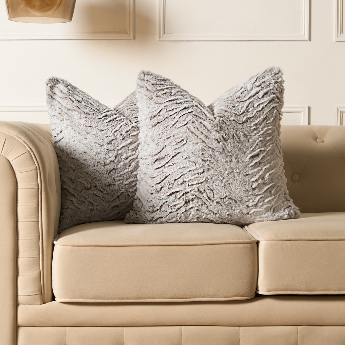 OHS 4 Pack Faux Fur Two Tone Cushion Covers - Natural >