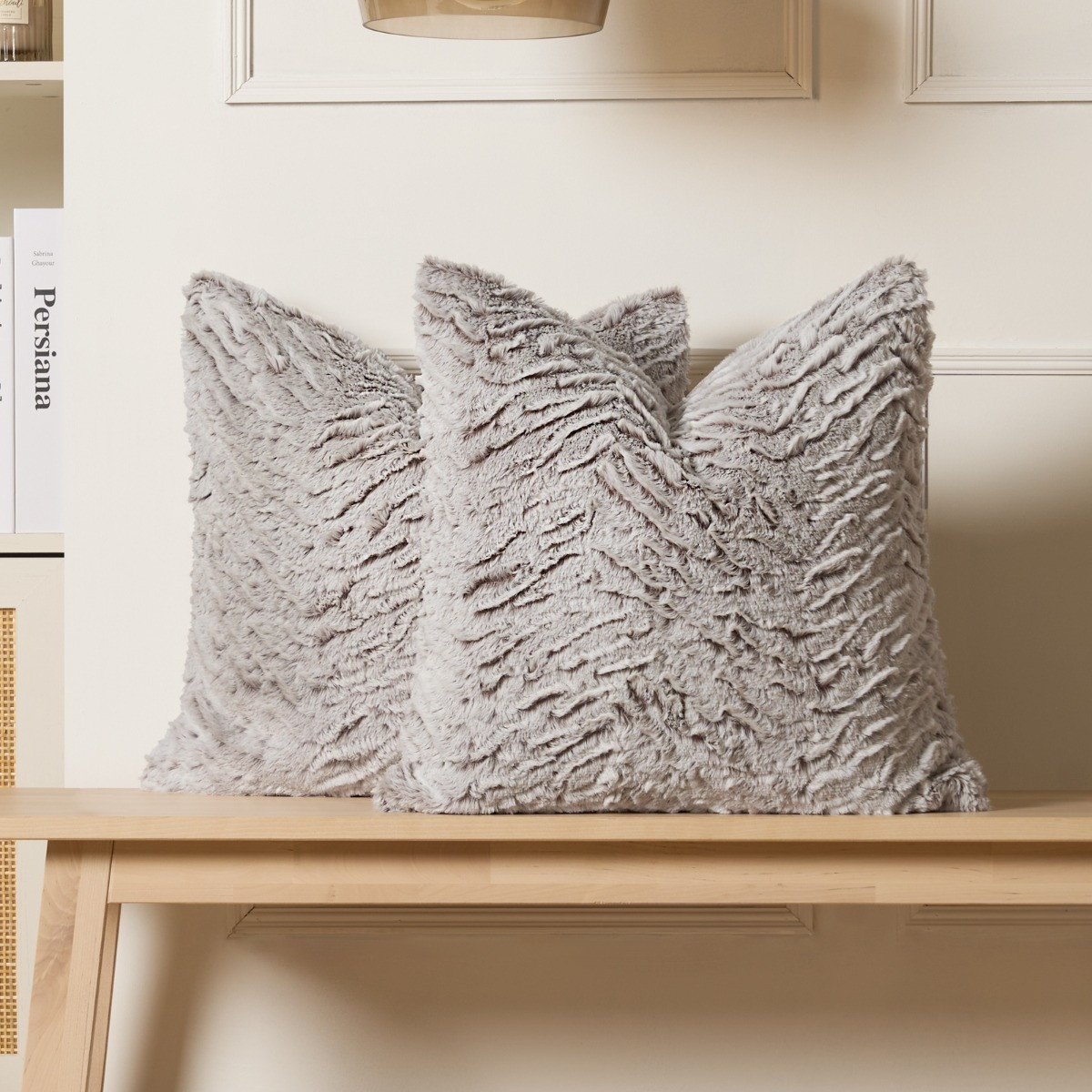 OHS 4 Pack Faux Fur Two Tone Cushion Covers - Natural >