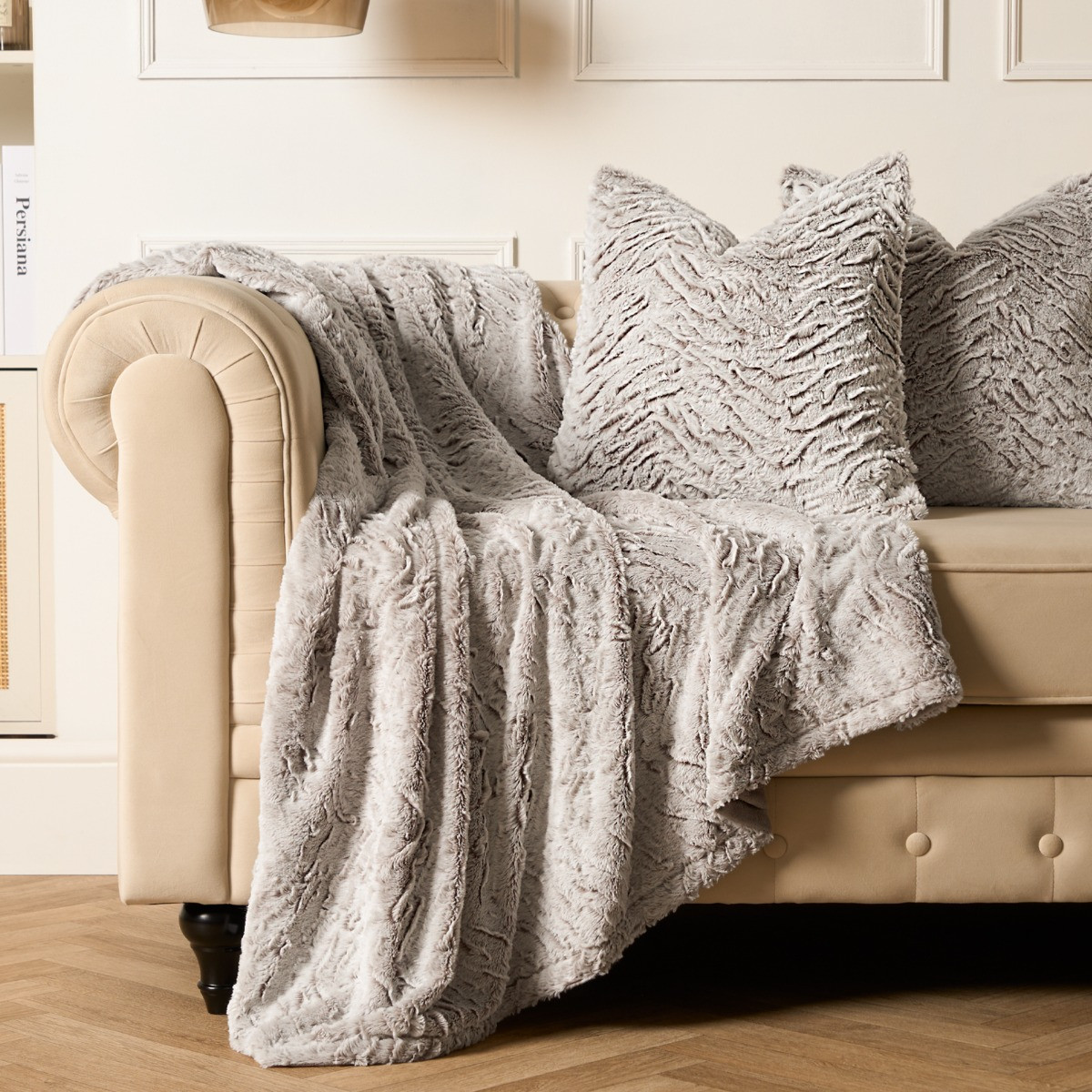 OHS 4 Pack Faux Fur Two Tone Cushion Covers - Natural >