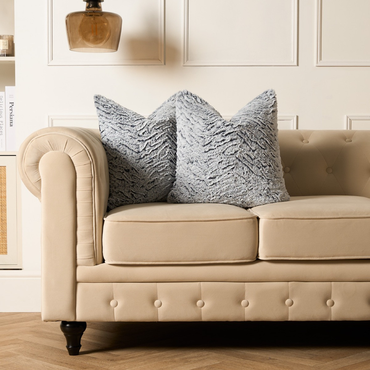 OHS 4 Pack Faux Fur Two Tone Cushion Covers with Cushion - Grey>