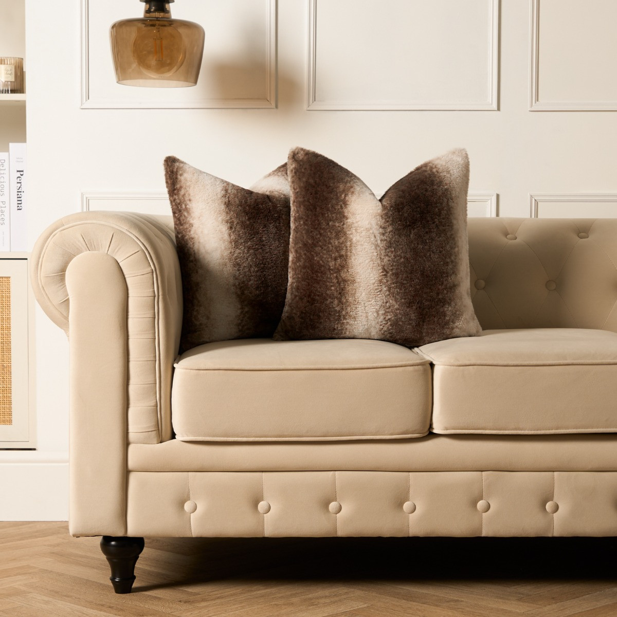 OHS 4 Pack Stripe Faux Fur Cushion Covers with Cushion - Brown>