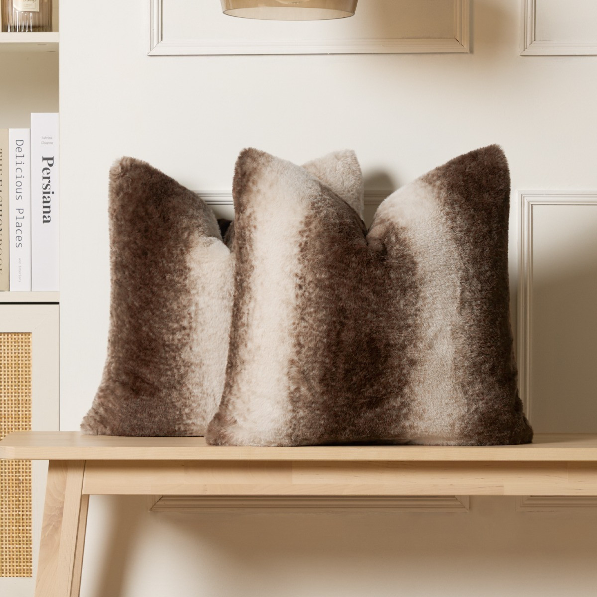 OHS Stripe Faux Fur Cushion Covers - Brown>