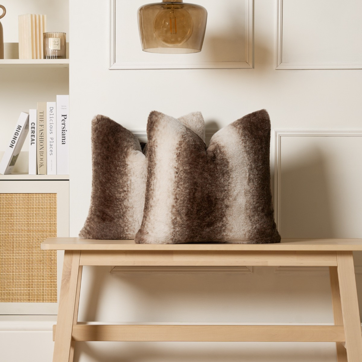 OHS 4 Pack Stripe Faux Fur Cushion Covers with Cushion - Brown>