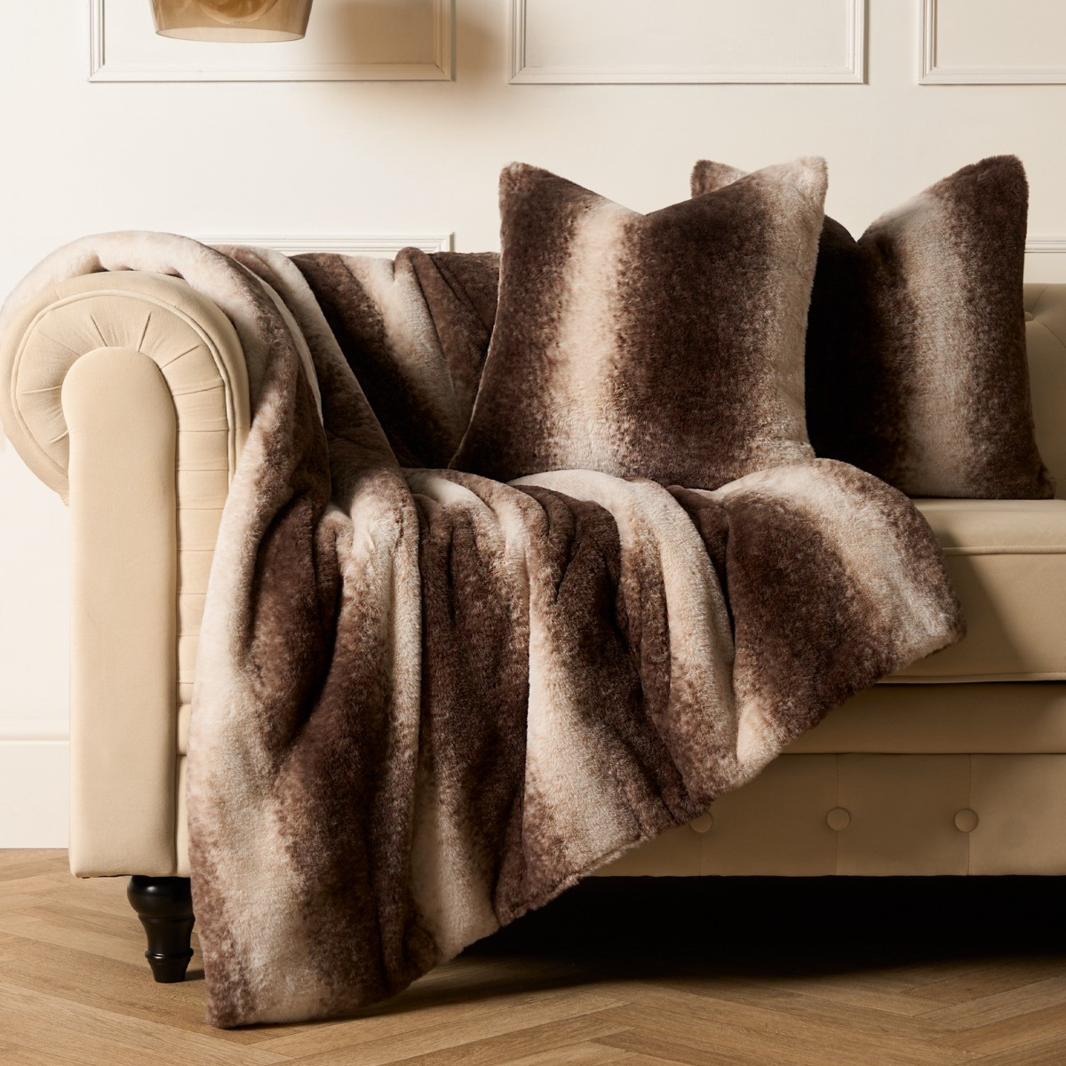 OHS 4 Pack Stripe Faux Fur Cushion Covers with Cushion - Brown>