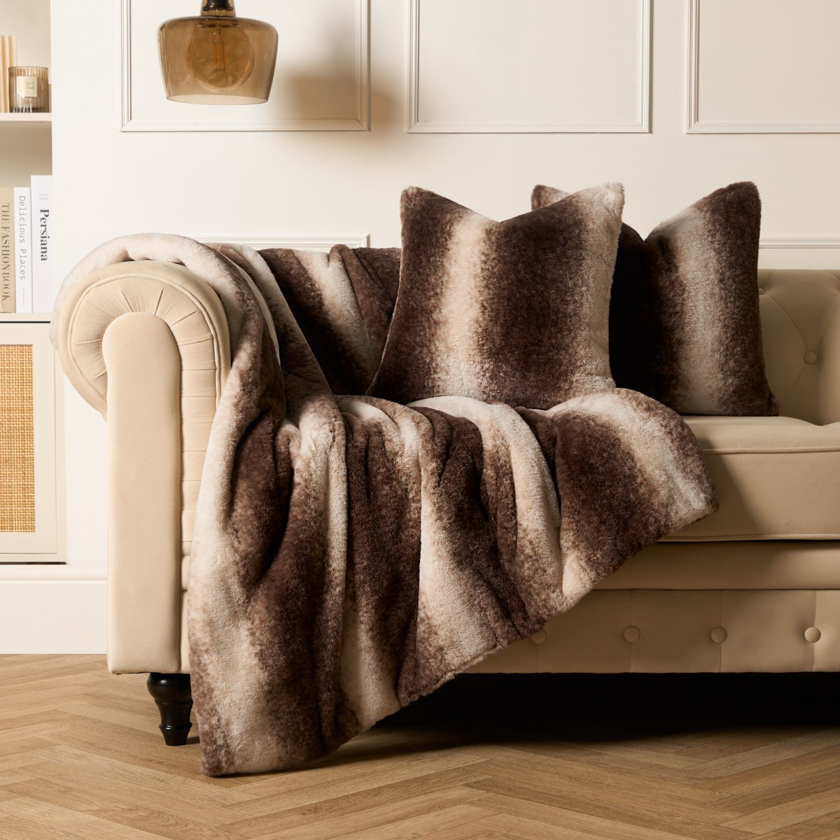 OHS 4 Pack Stripe Faux Fur Cushion Covers with Cushion - Brown>