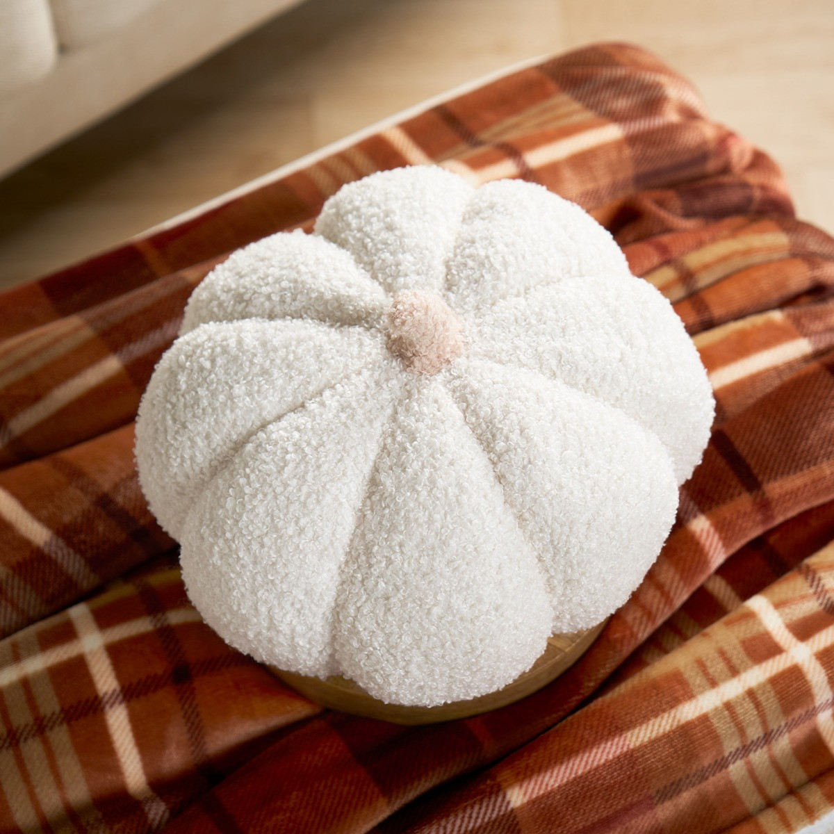 OHS Boucle Autumn Decorative Pumpkin Cushion - Cream>