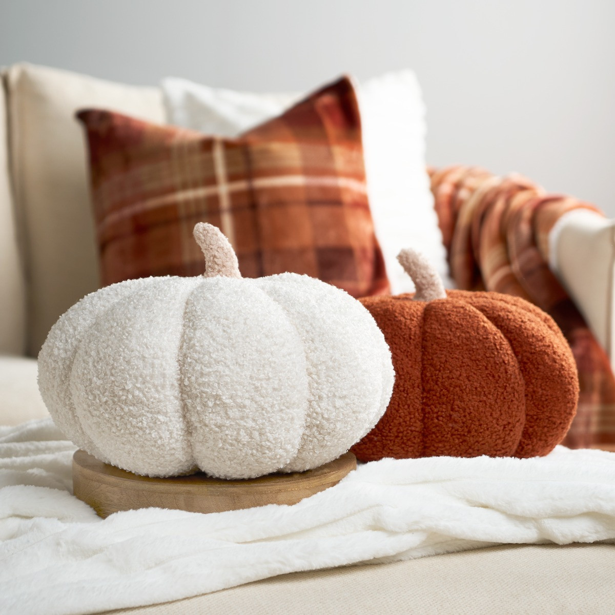 OHS Boucle Autumn Decorative Pumpkin Cushion - Cream>