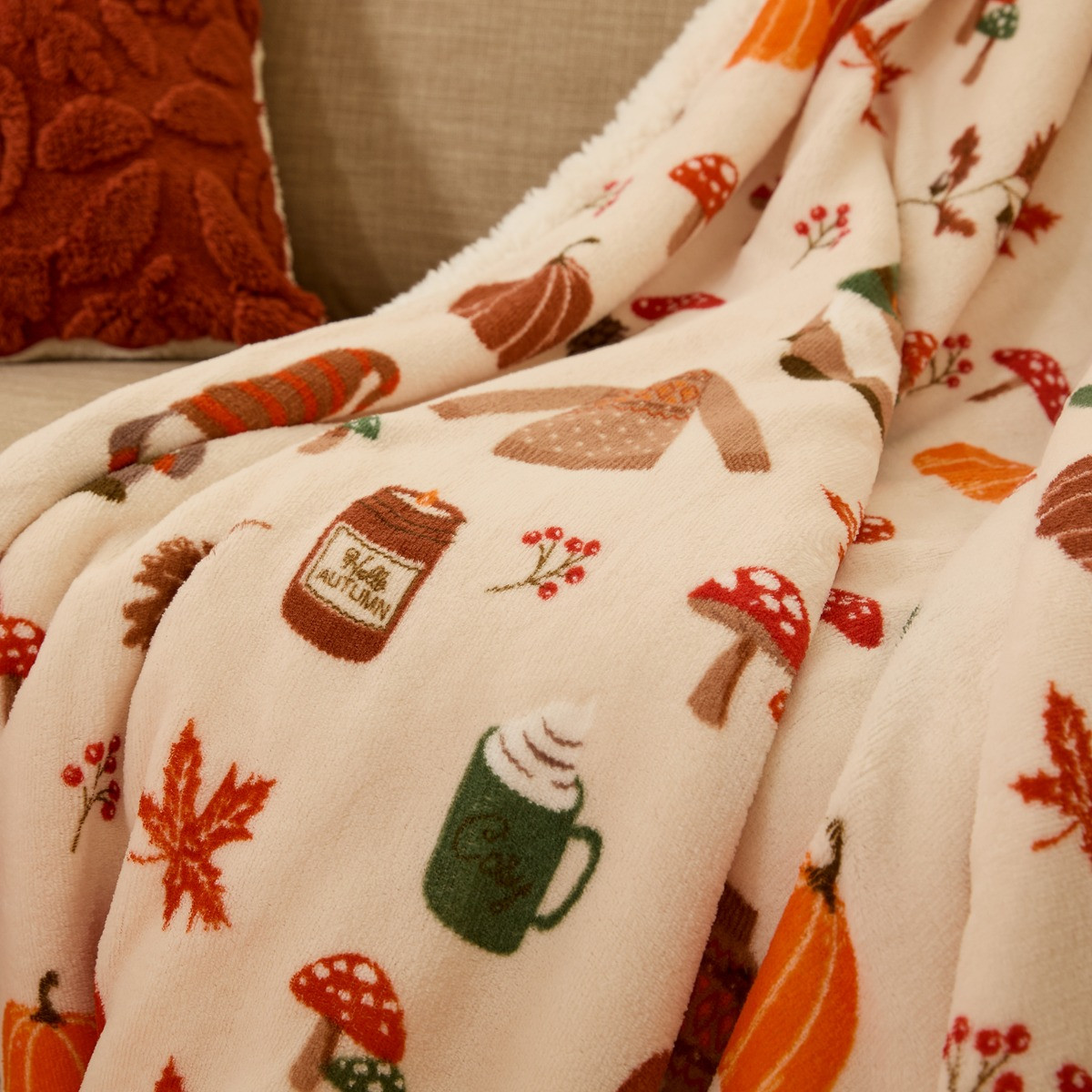 OHS Autumnal Gonk Printed Throw - Natural >