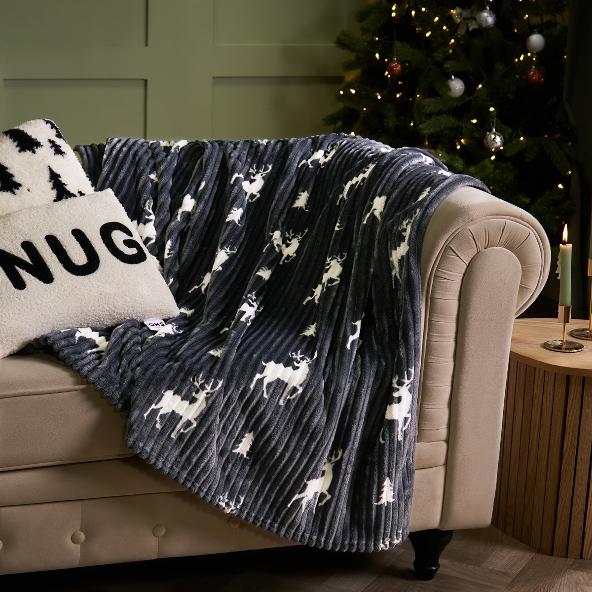 OHS Ribbed Stag Throw Sherpa Reverse - Grey>