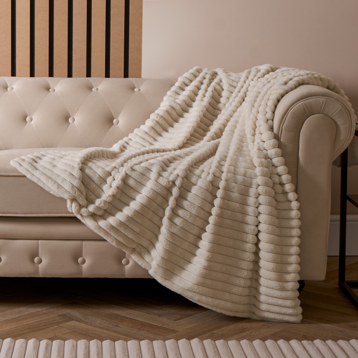 OHS Faux Fur Thick Ribbed Throw - Natural>