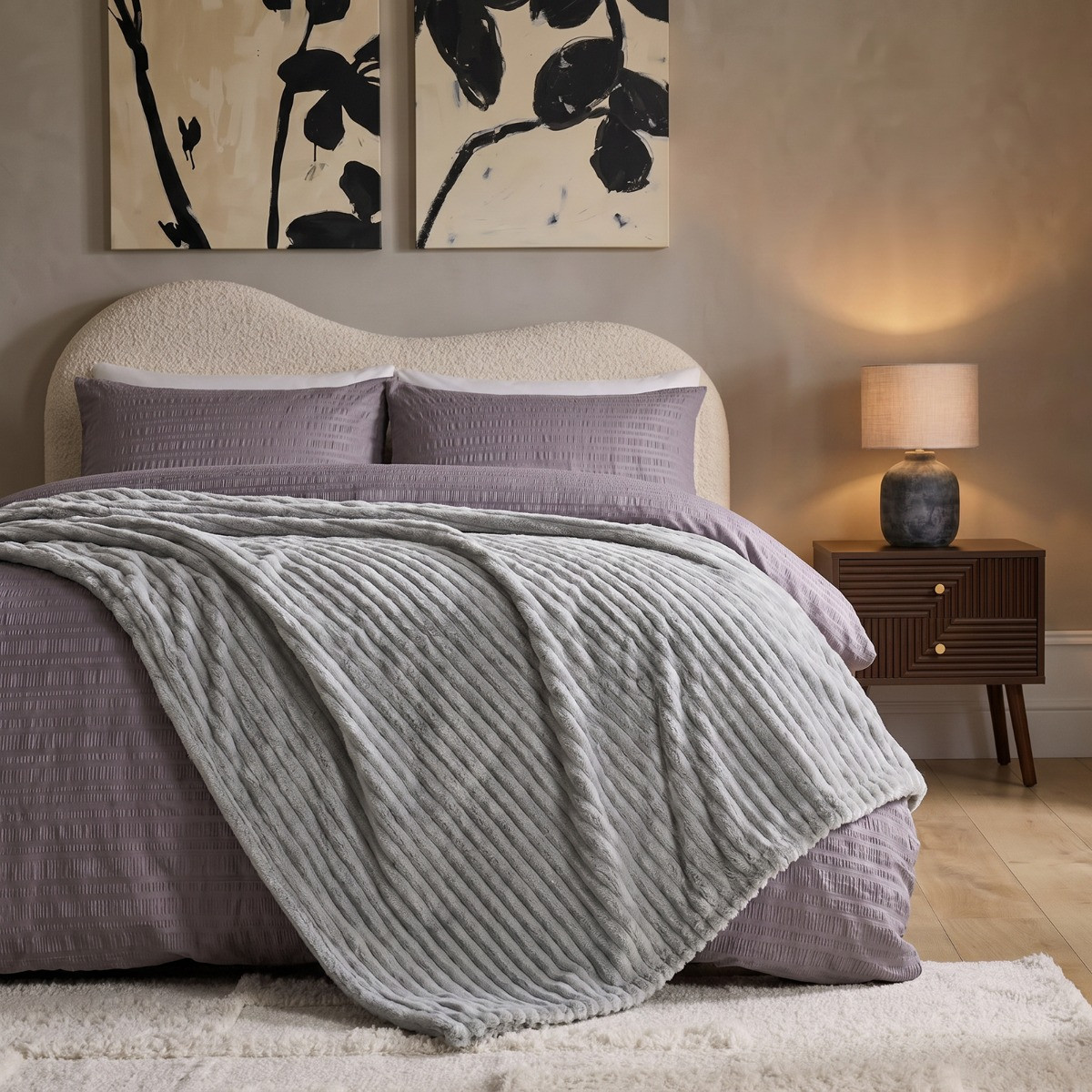 OHS Faux Fur Thick Ribbed Throw - Grey>