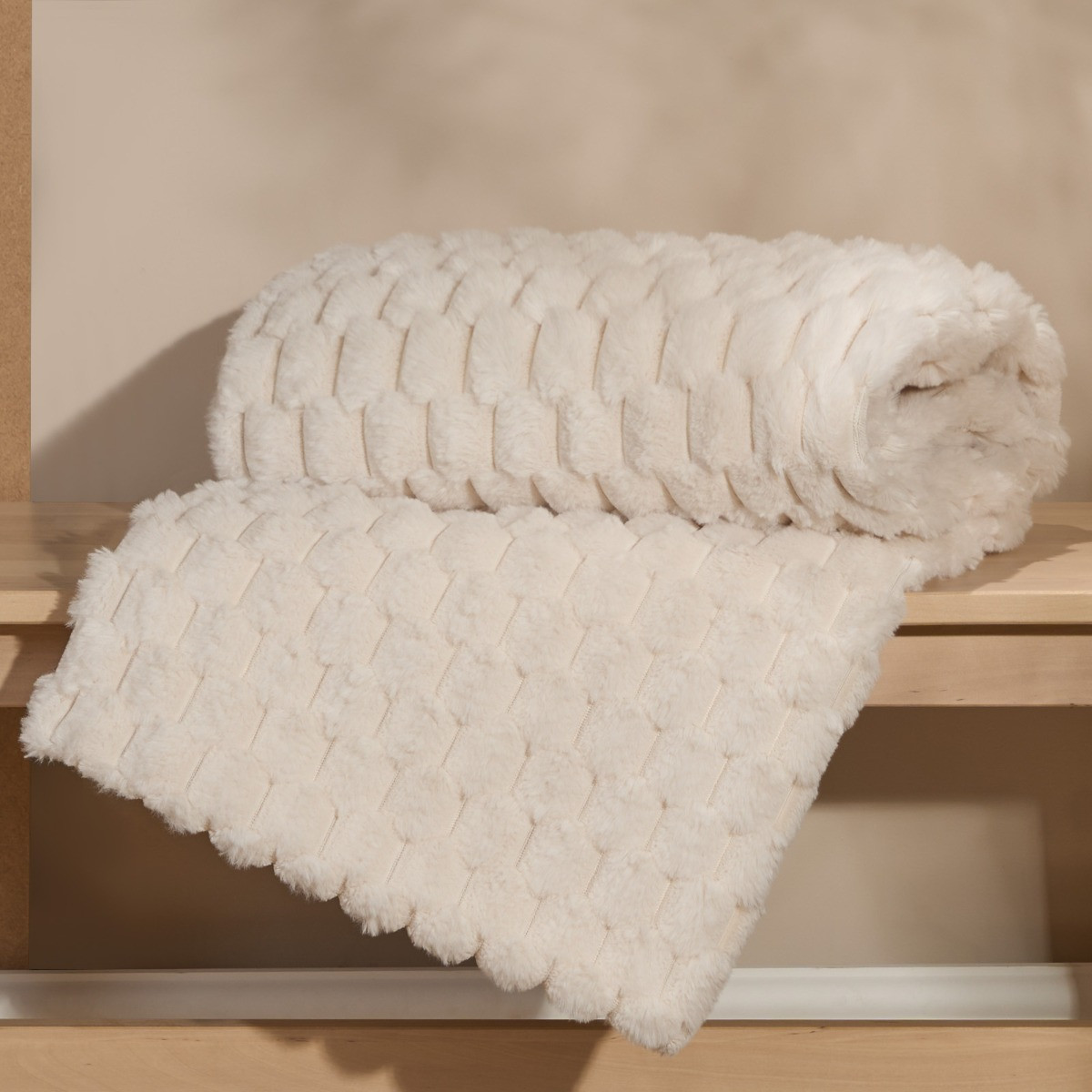 OHS Thick Faux Fur Waffle Throw - Cream>