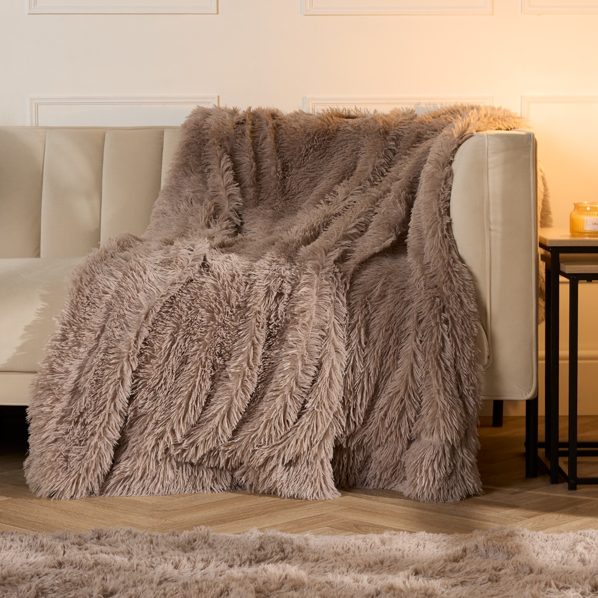 OHS Fluffy Fleece Throw, Natural - 125 x 150cm>