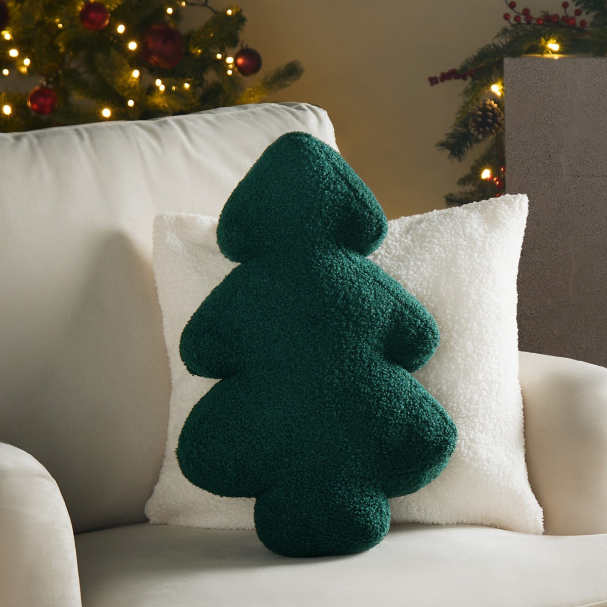 OHS Winter Tree Bouclé Stuffed Cushion - Green>