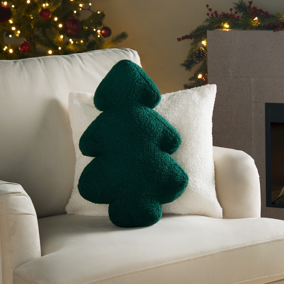 OHS 4 Pack Winter Tree Bouclé Stuffed Cushion - Green>