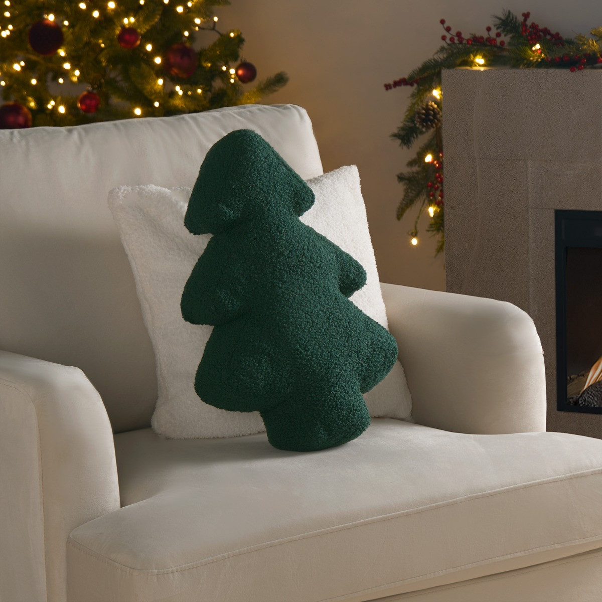OHS Winter Tree Bouclé Stuffed Cushion - Green>