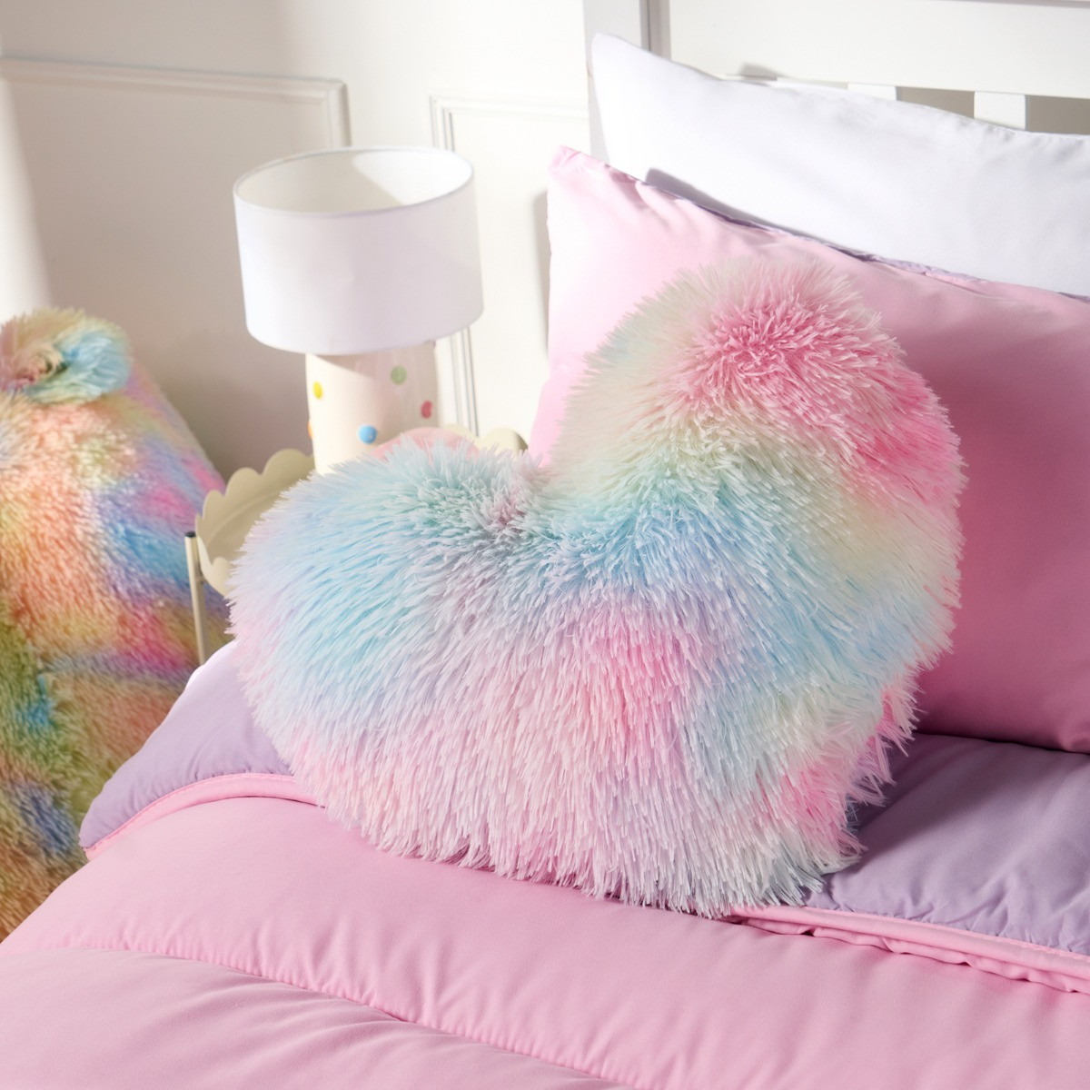 OHS Fluffy Tie Dye Heart Shaped Filled Cushion - Multi>