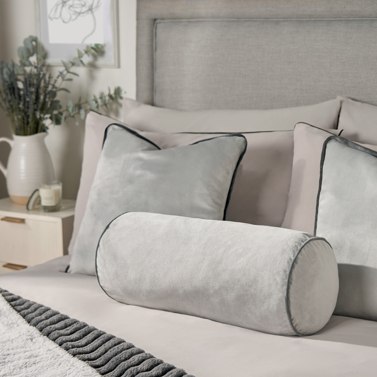 OHS Matte Velvet Bolster Cushion - Grey/Charcoal>