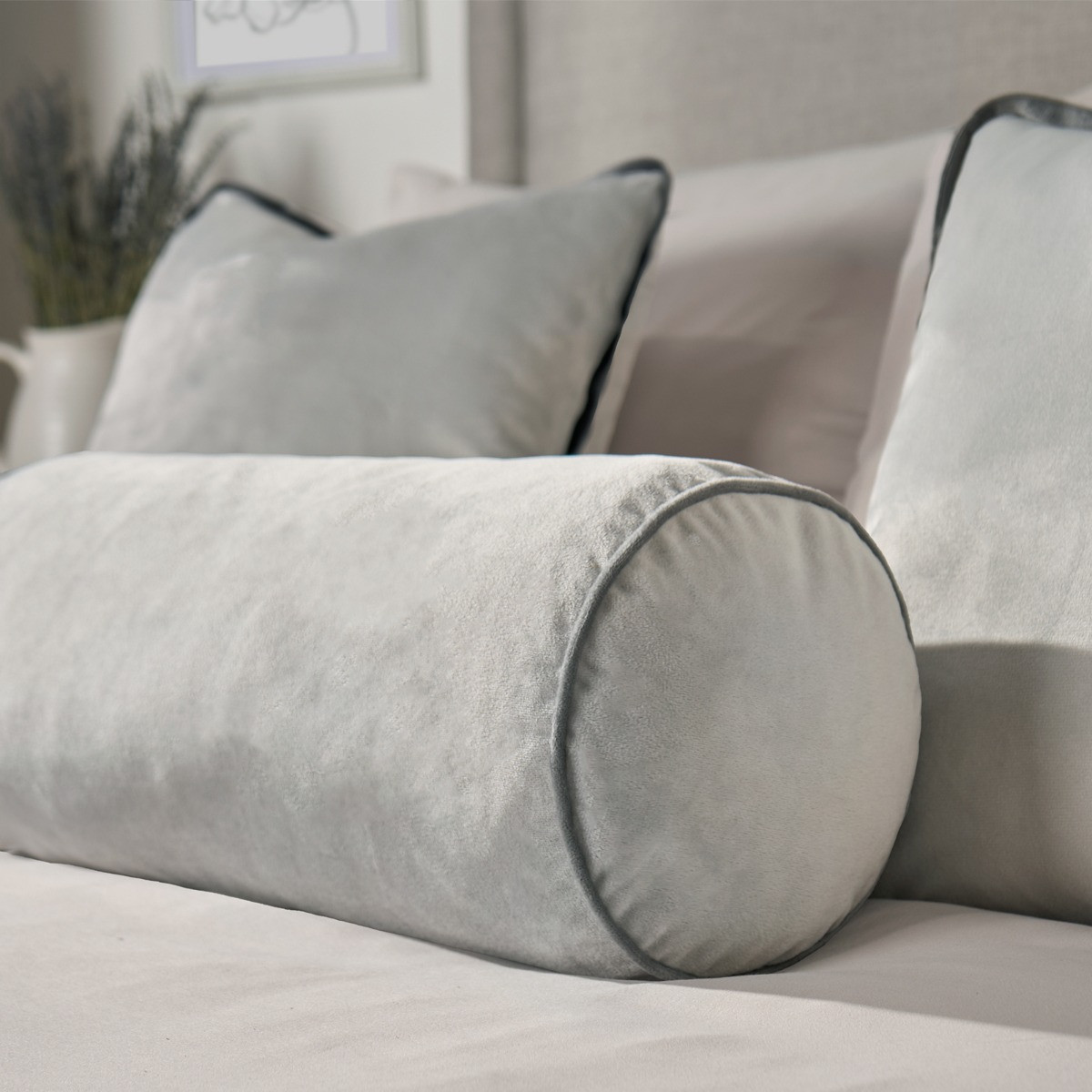 OHS Matte Velvet Bolster Cushion - Grey/Charcoal>