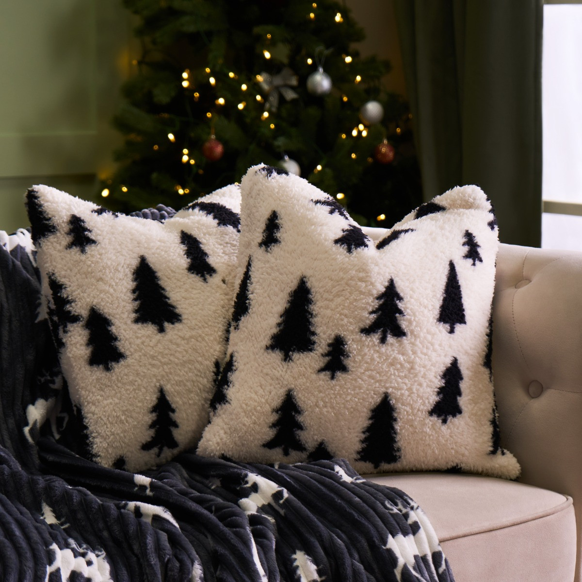 OHS Christmas Tree Print Teddy Cushion Covers - Monochrome>