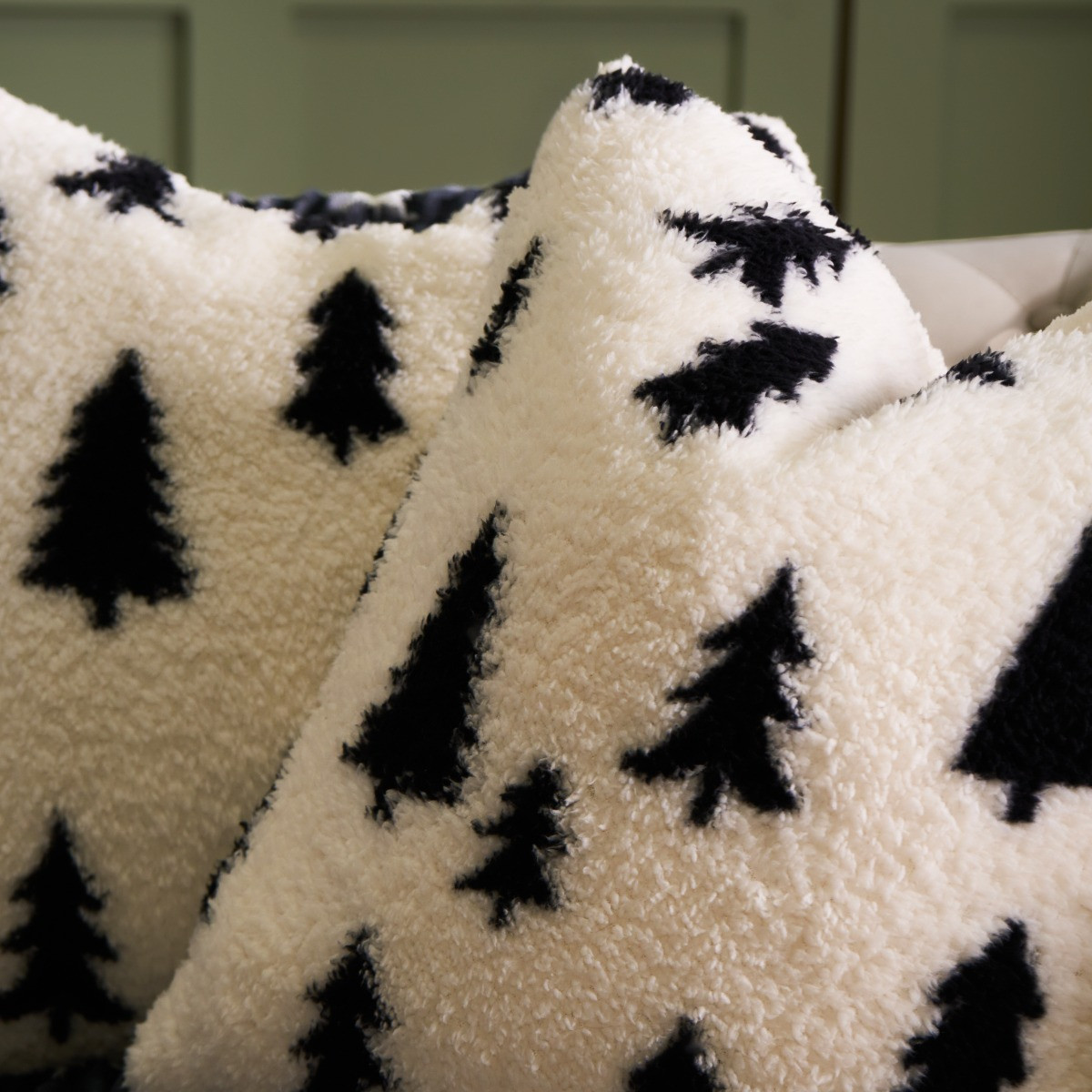 OHS Christmas Tree Print Teddy Cushion Covers, Monochrome - 45 x 45cm>