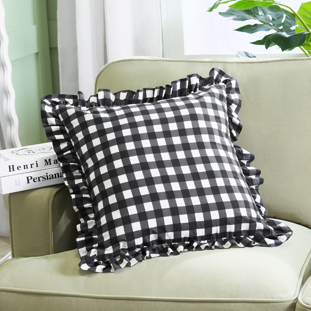 OHS Gingham Check Frill Cushion Covers - Monochrome>