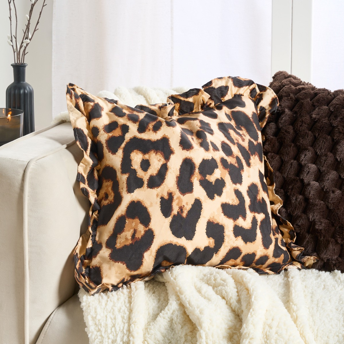 OHS Leopard Print Frill Cushion Covers - Natural>