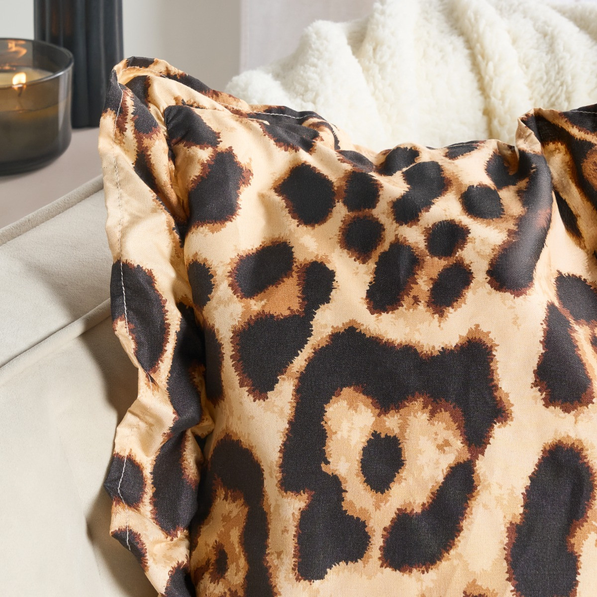 OHS Leopard Print Frill Cushion Covers - Natural>