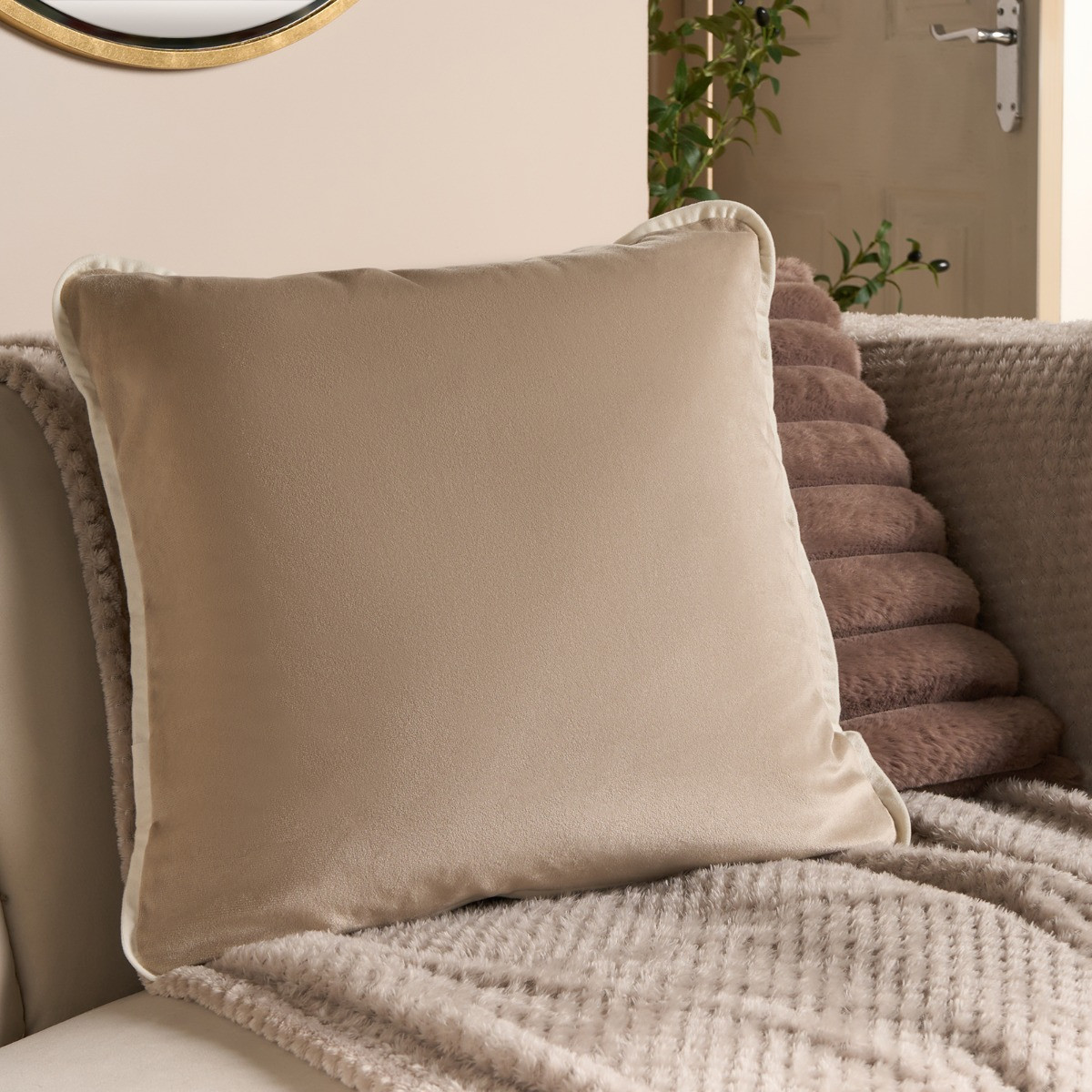 OHS 4 Pack Matte Velvet Piped Edge Cushion Covers with Cushion - Mink>