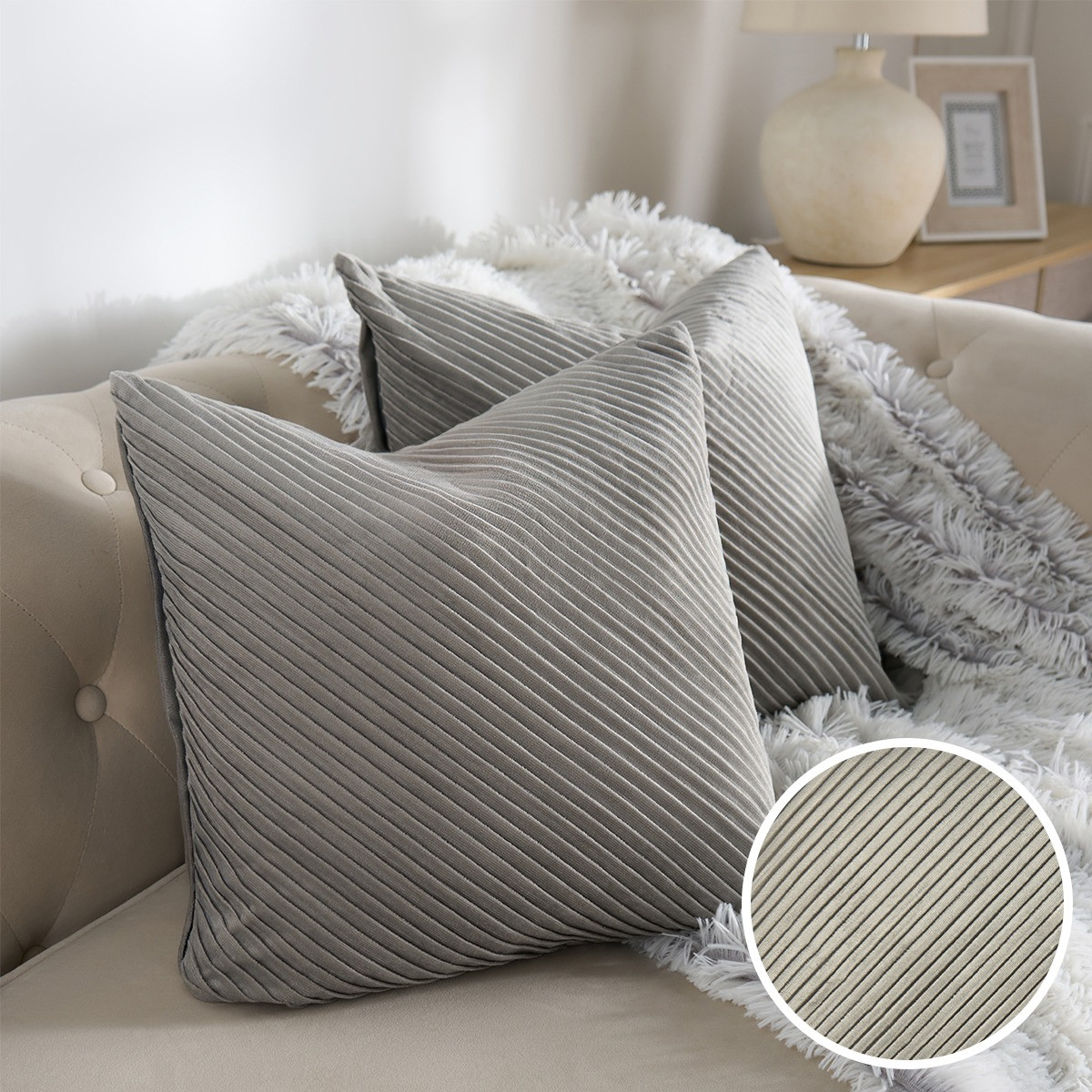 OHS 2 Pack Pleated Velvet Cushion Covers, Grey - 45 x 45cm>