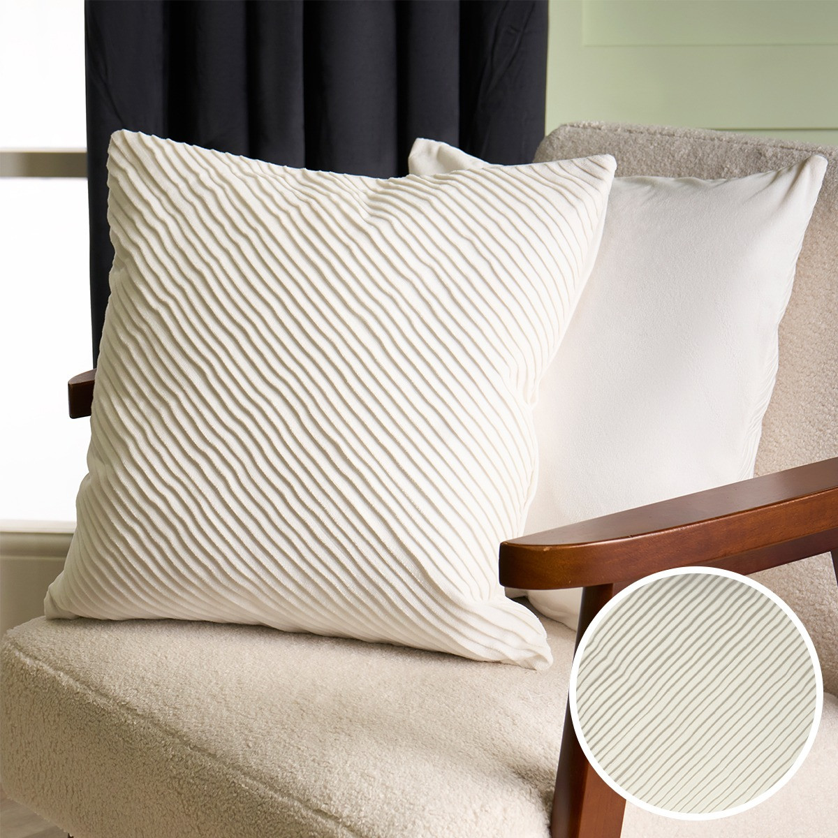 OHS 2 Pack Pleated Velvet Cushion Covers, Cream - 45 x 45cm>