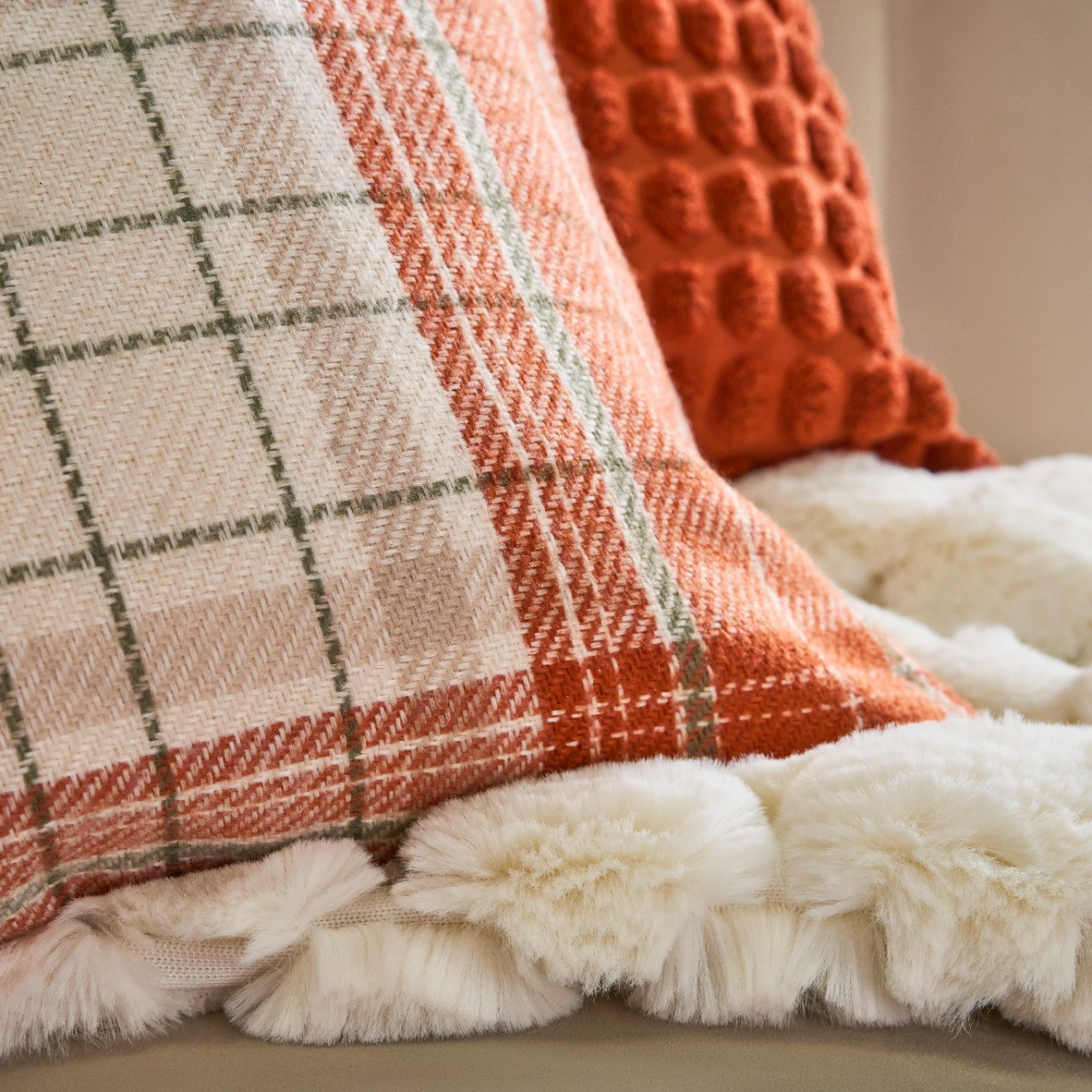 OHS Woven Check Cushion Covers with Cushion - Rust>