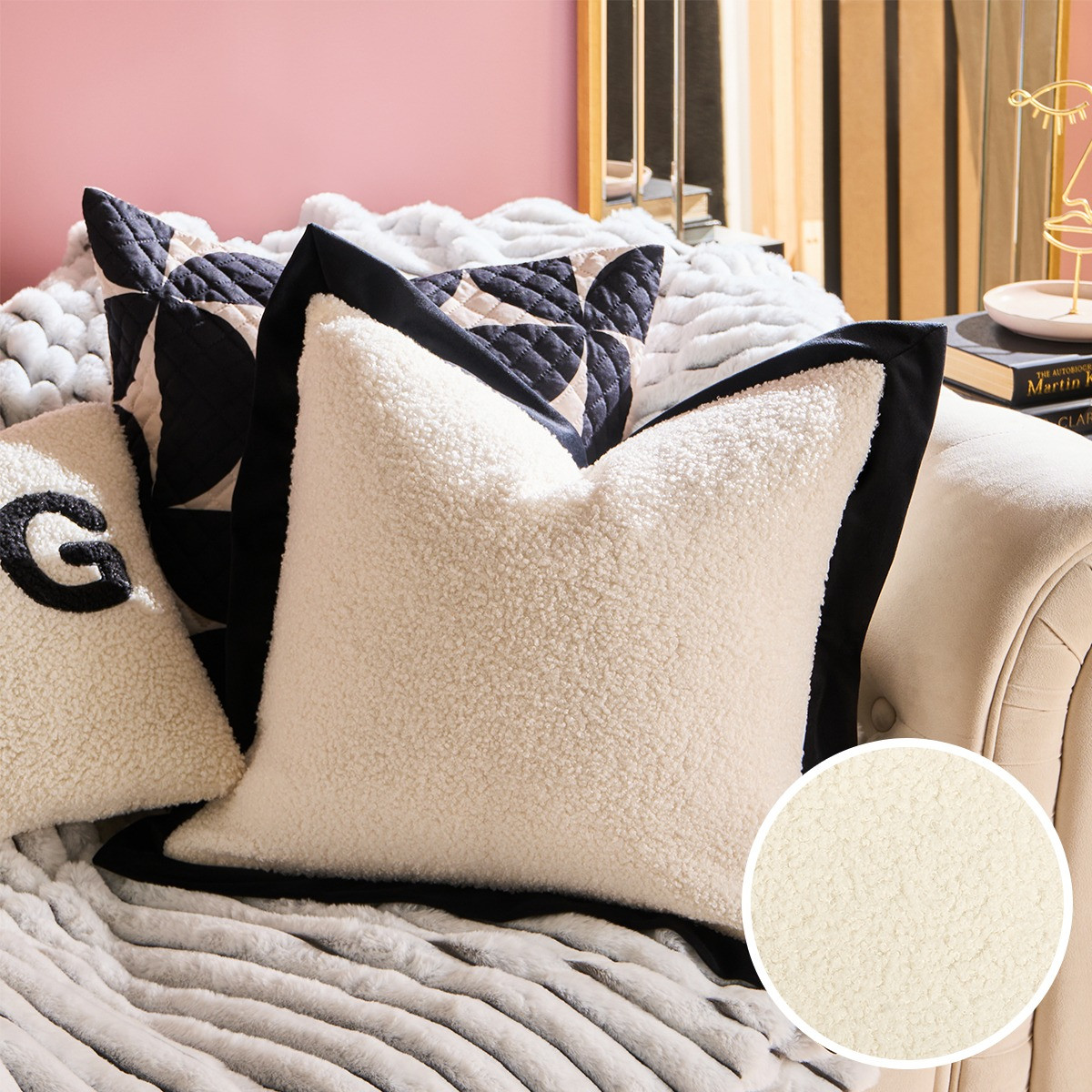 OHS 2 Pack Oxford Boucle Cushion Cover, White/ Black - 45 x 45cm>