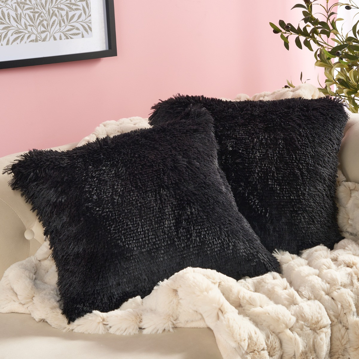 OHS Fluffy Cushion Covers, Black - 45 x 45cm>