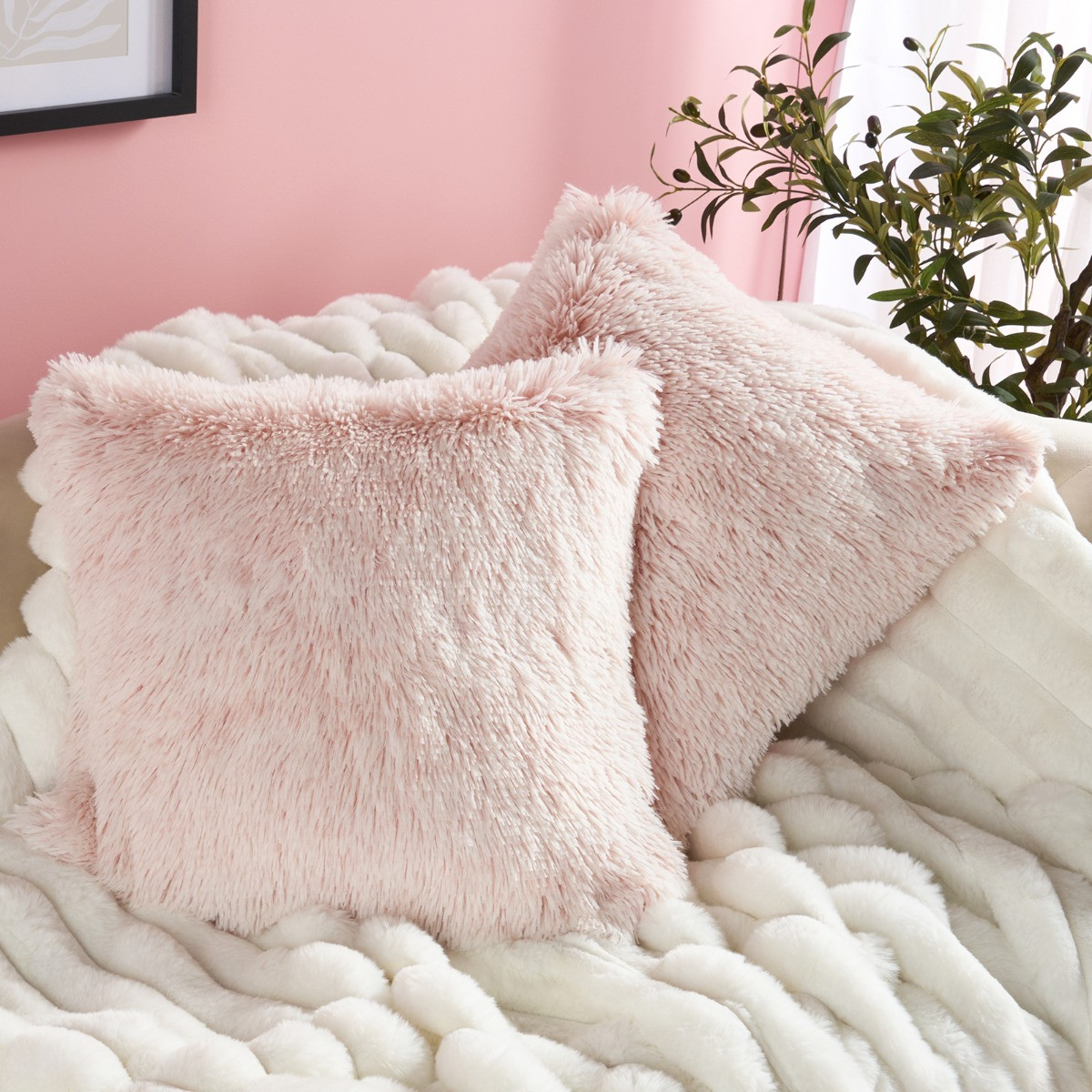 OHS Two Tone Fluffy Cushion Covers, Blush - 45 x 45cm>