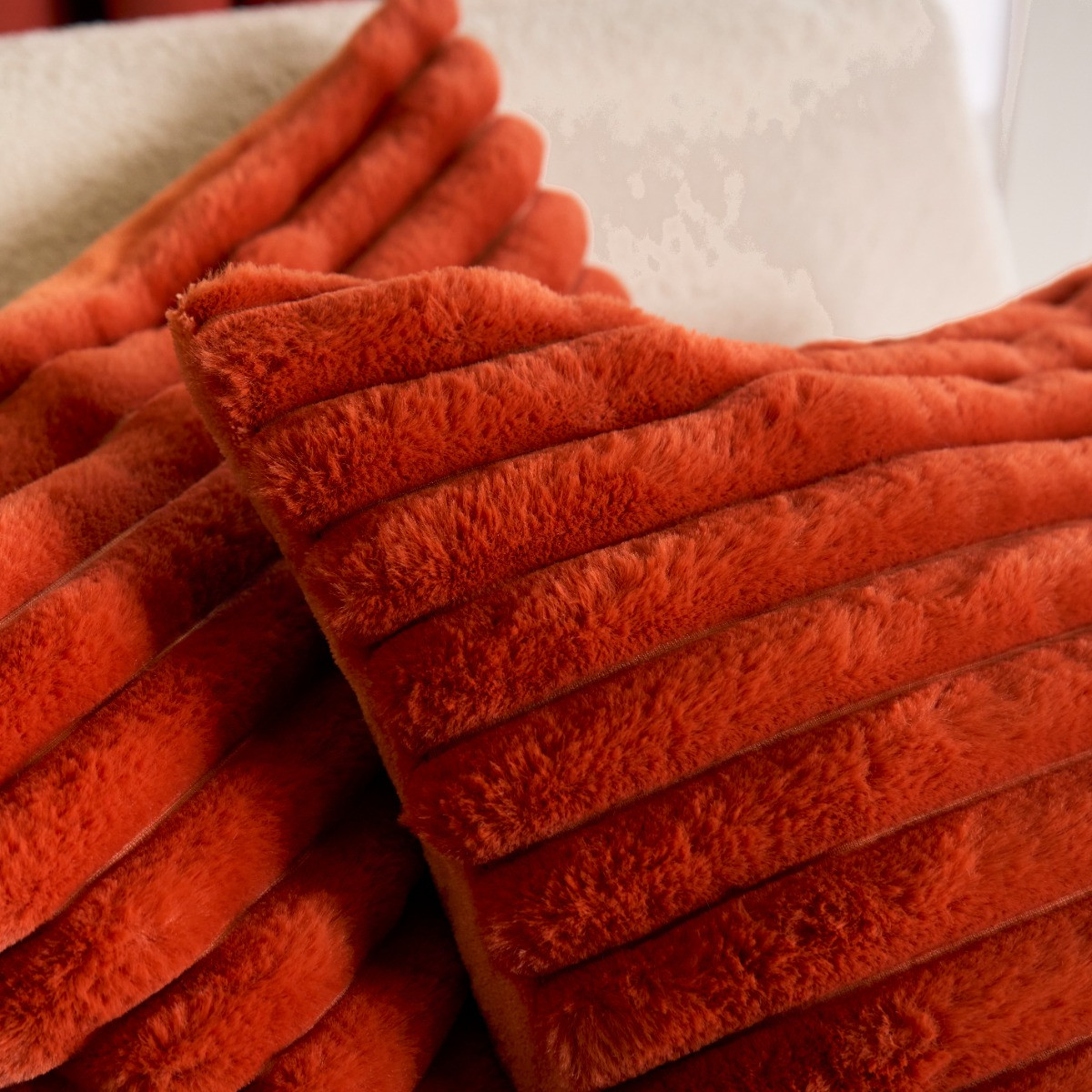 OHS Faux Fur Thick Ribbed Cushion Covers - Rust>