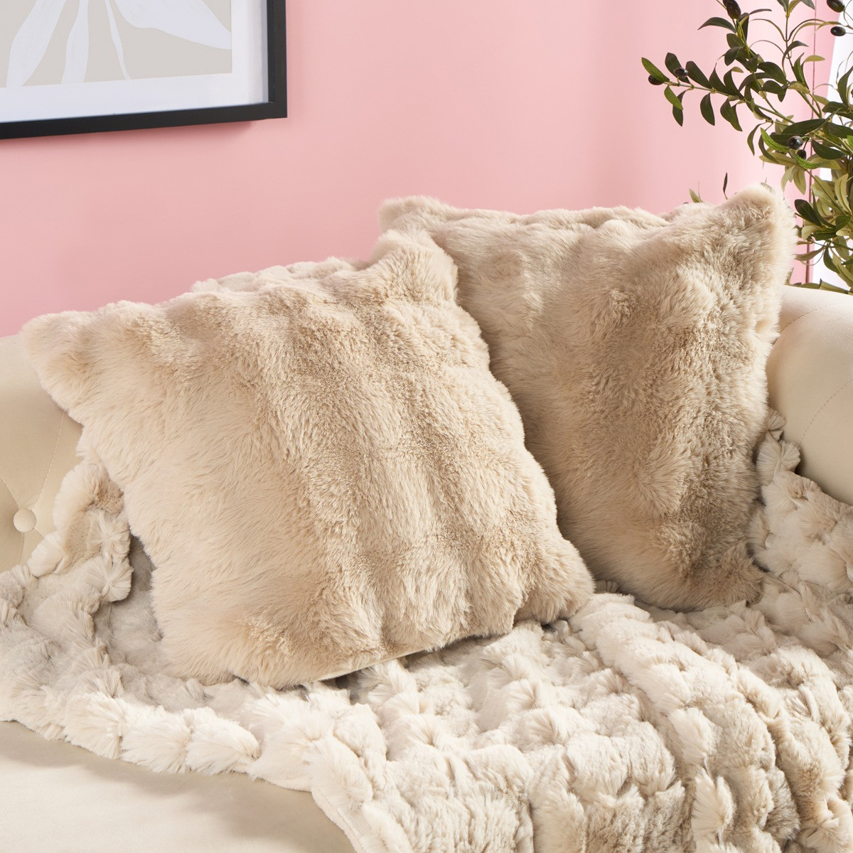 OHS Bubble Faux Fur Cushion Covers, Natural - 45 x 45cm>