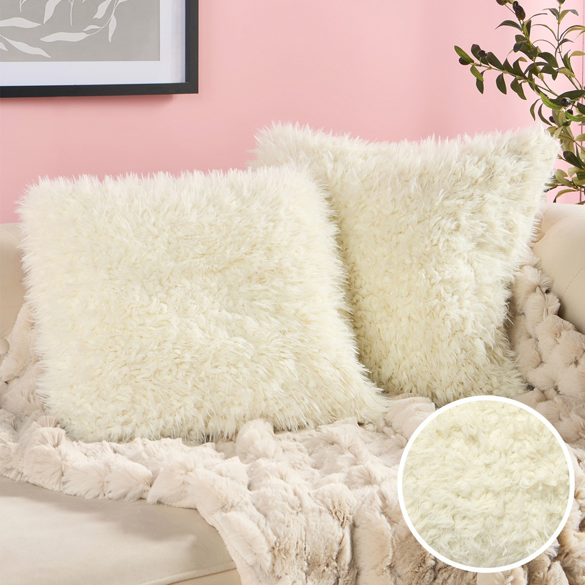 OHS Sofia Faux Fur Cushion Covers - Cream>