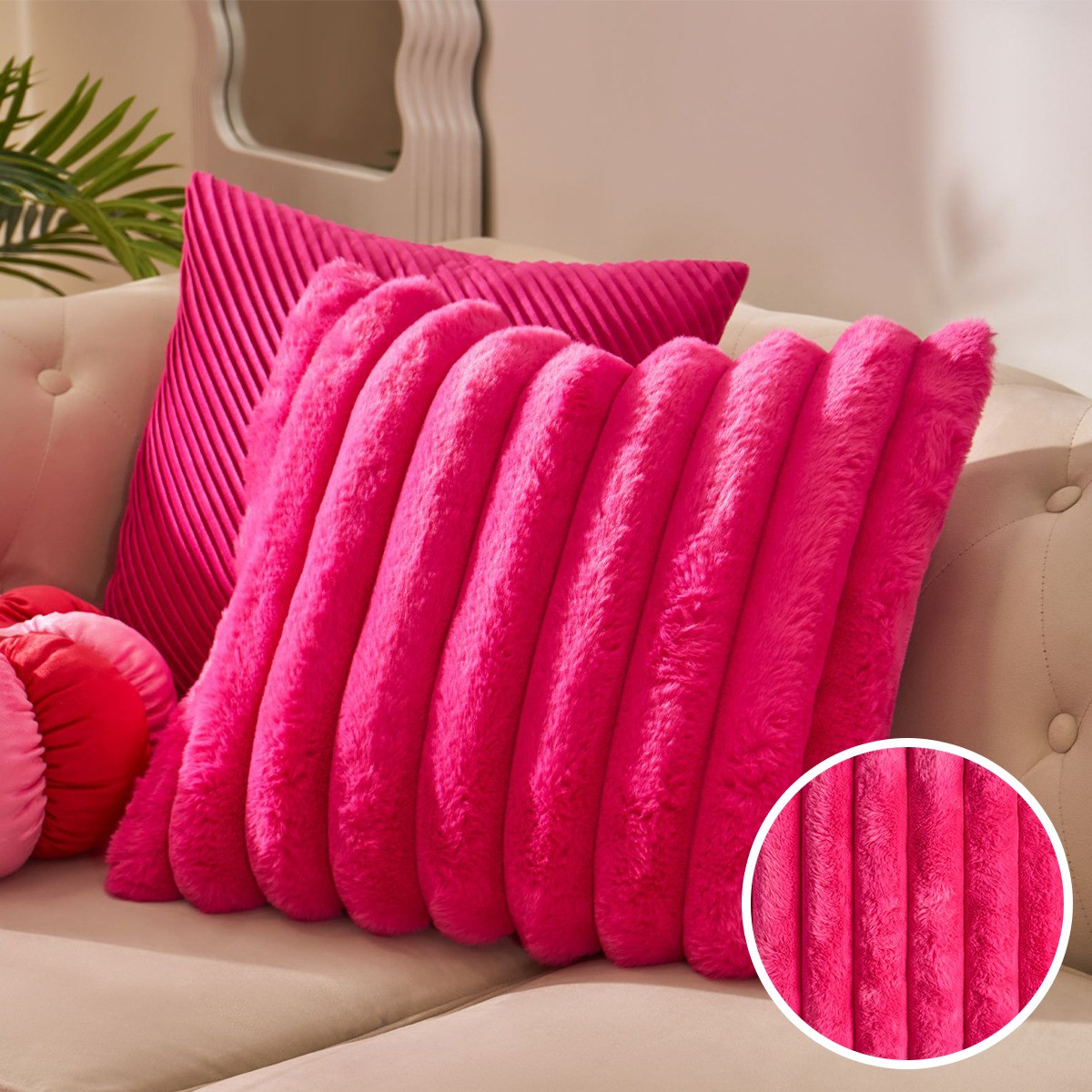OHS Jumbo Faux Fur Rib Cushion Covers - Hot Pink>