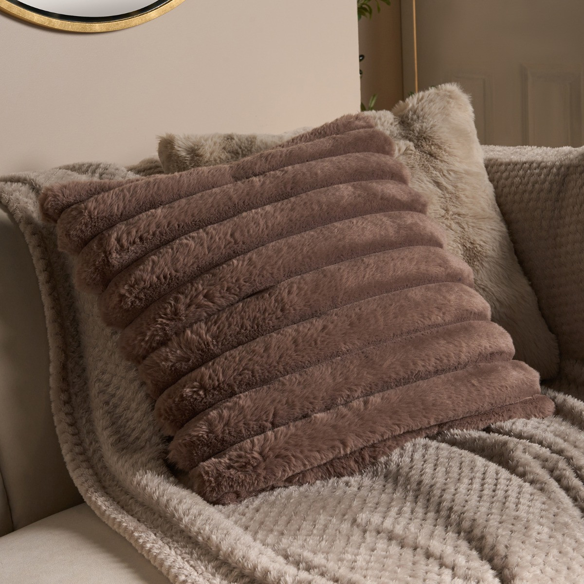 OHS Jumbo Faux Fur Rib Cushion Covers - Mink>