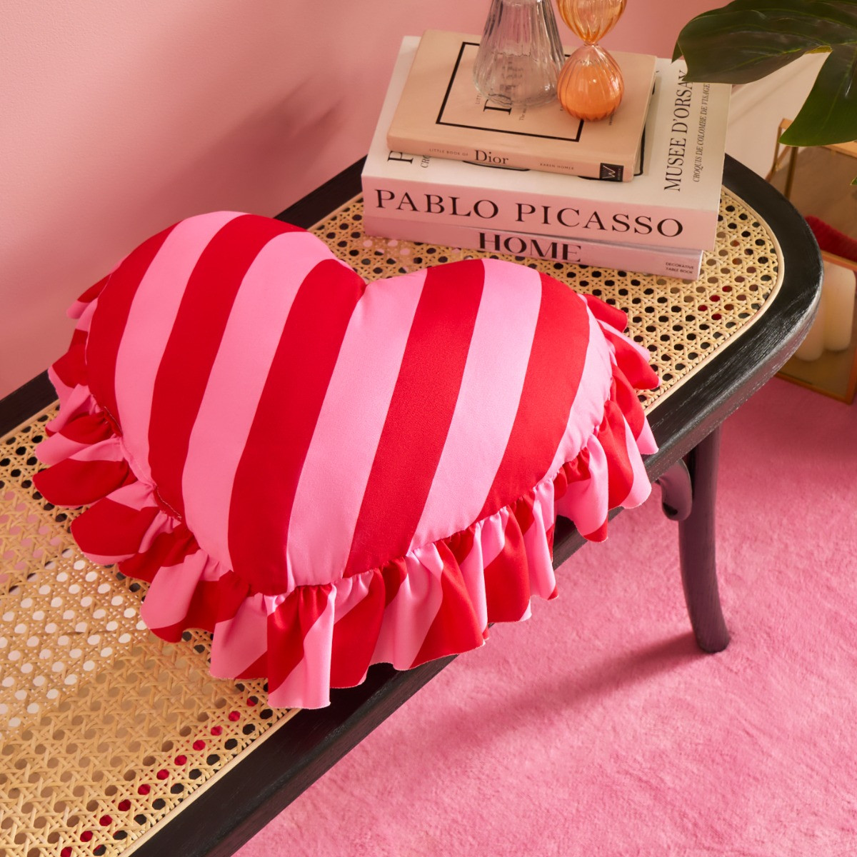 OHS Frill Heart Shaped Stripe Cushion - Red/Pink>
