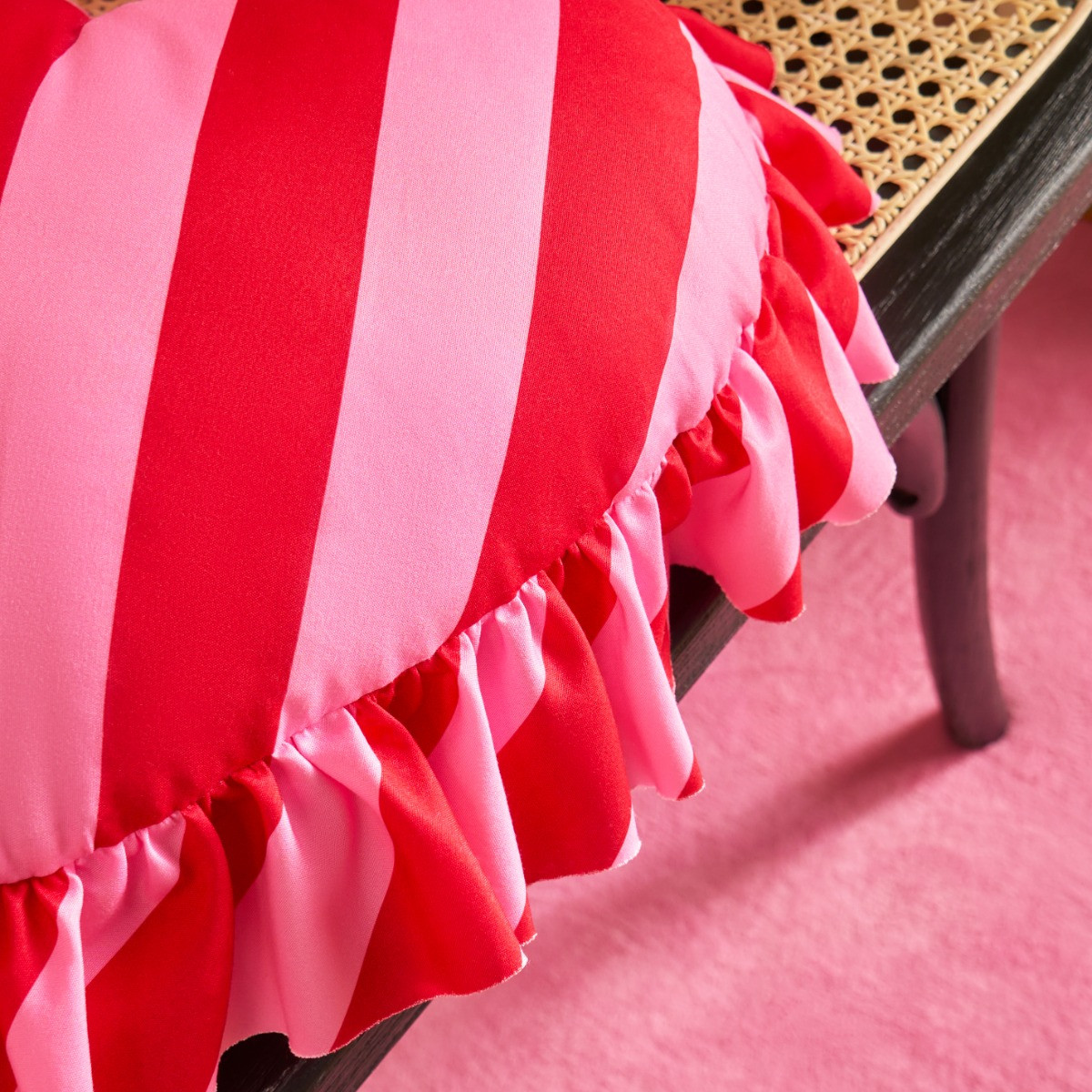 OHS Frill Heart Shaped Stripe Cushion - Red/Pink>