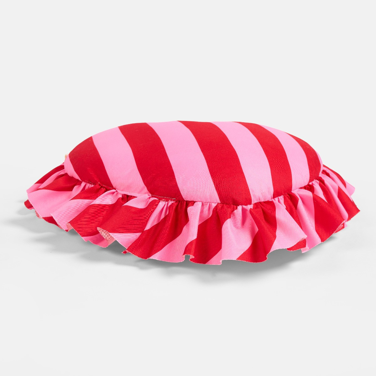 OHS Frill Heart Shaped Stripe Cushion - Red/Pink>