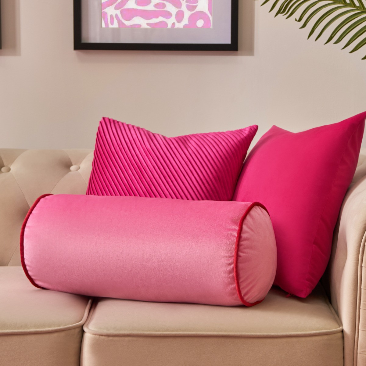 OHS Matte Velvet Bolster Cushion - Pink/Red >