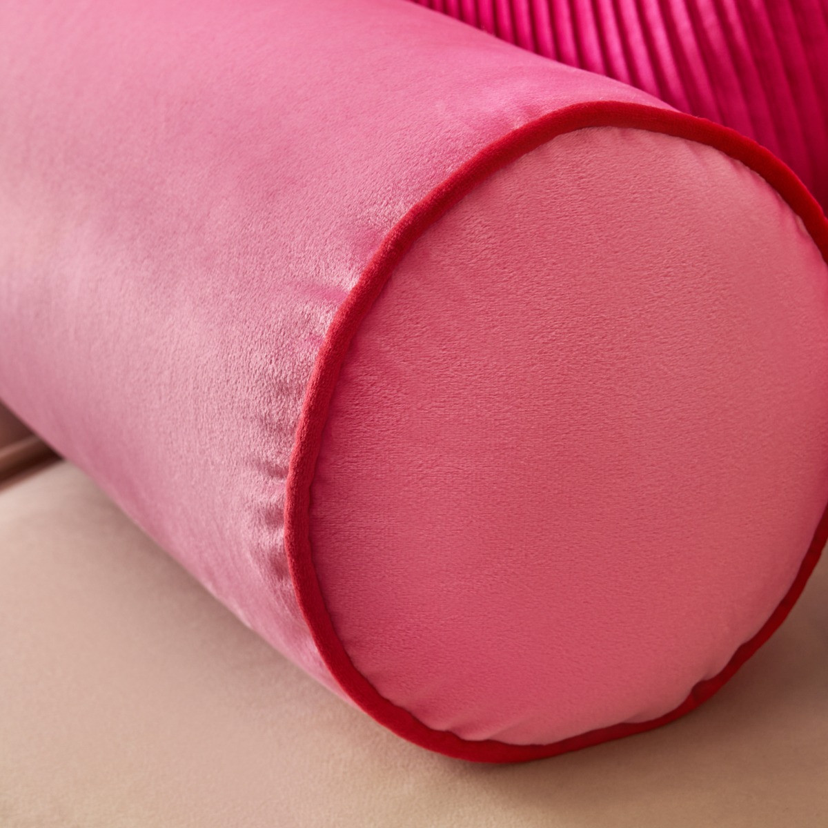 OHS Matte Velvet Bolster Cushion - Pink/Red >
