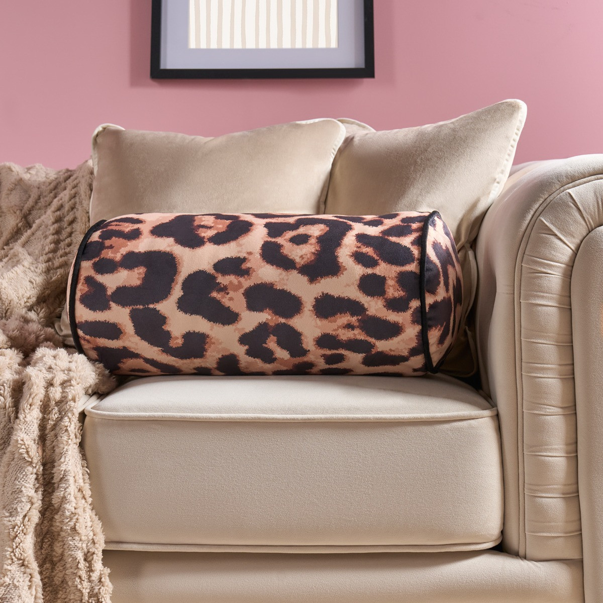 OHS Leopard Print Bolster Pillow - Natural>