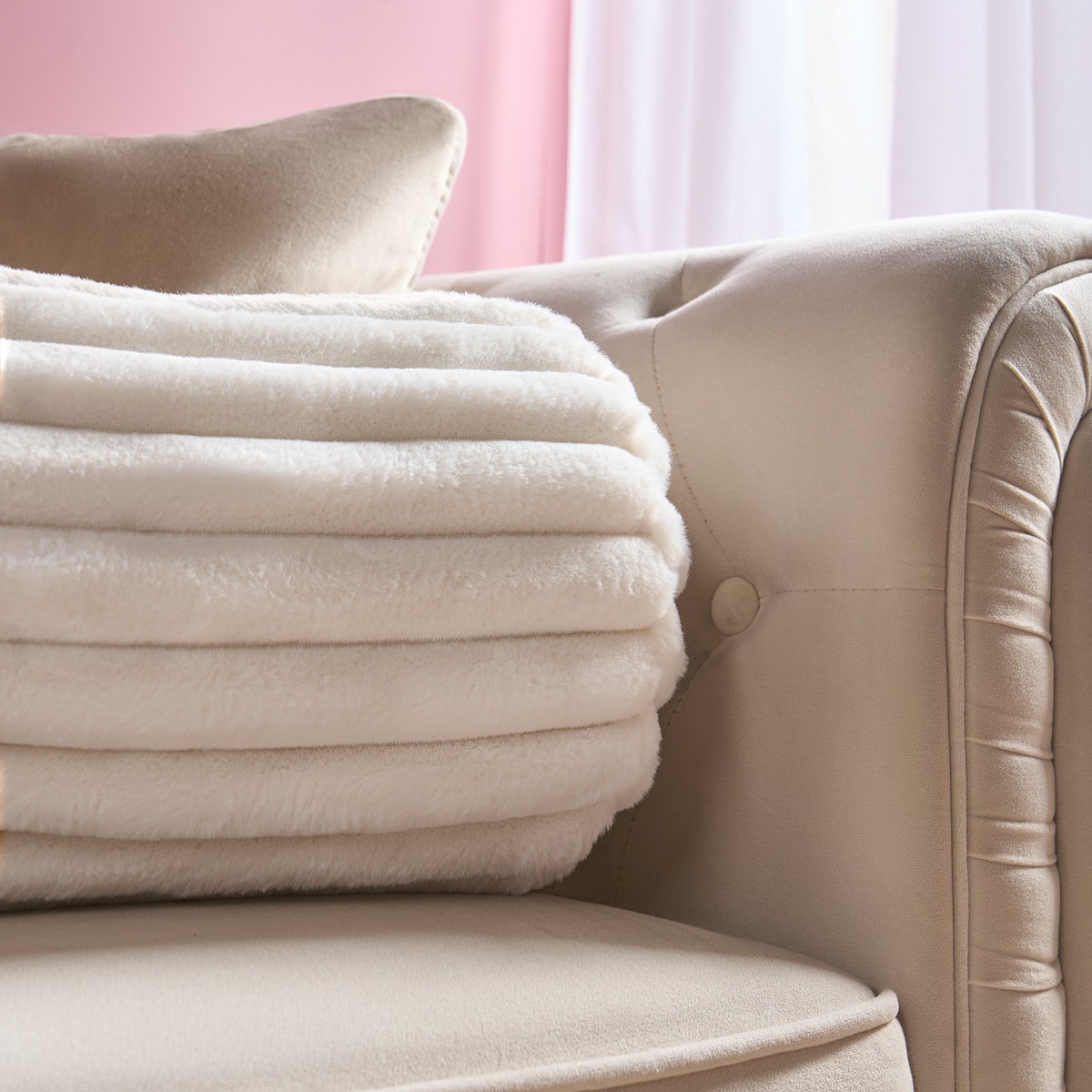 OHS Faux Fur Ribbed Bolster Pillow - Cream>