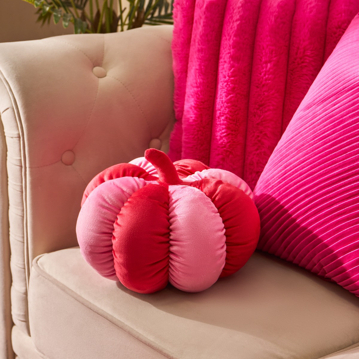 OHS Velvet Stripe Pumpkin Cushion - Pink/Red>